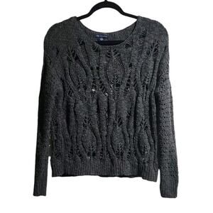 American Eagle Boxy Cropped Loose Open Knit Sweater M Olive Green Preppy Casual